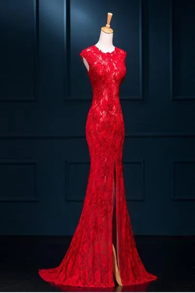 Red Lace Mermaid Slit Long Elegant Formal Gown , Red Party Dresses