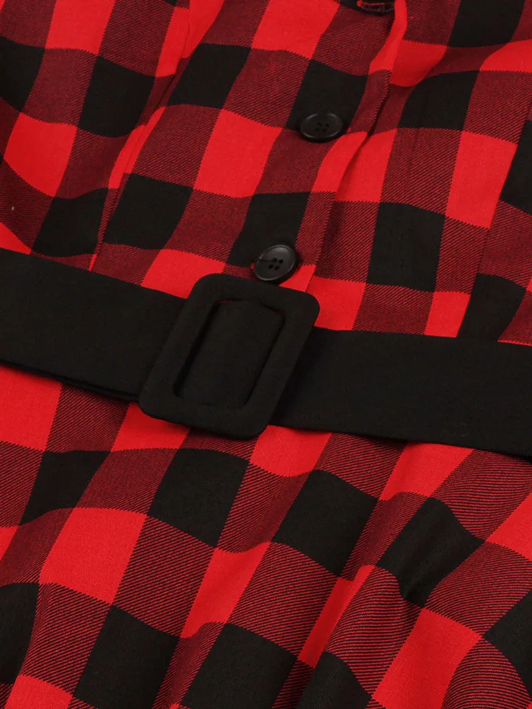 Red Plaid Turn Collar Cotton Vintage 1950S Dress With Belt