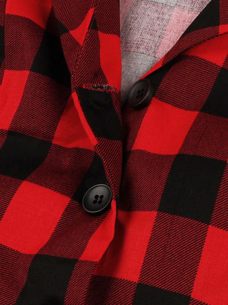 Red Plaid Turn Collar Cotton Vintage 1950S Dress With Belt