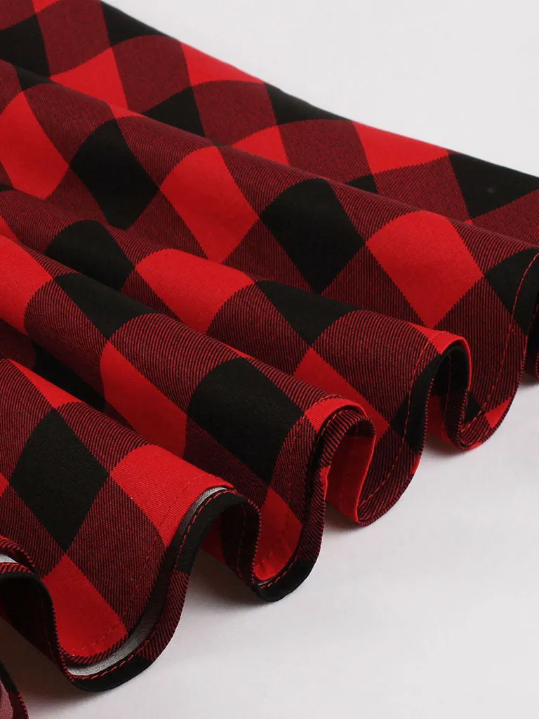 Red Plaid Turn Collar Cotton Vintage 1950S Dress With Belt
