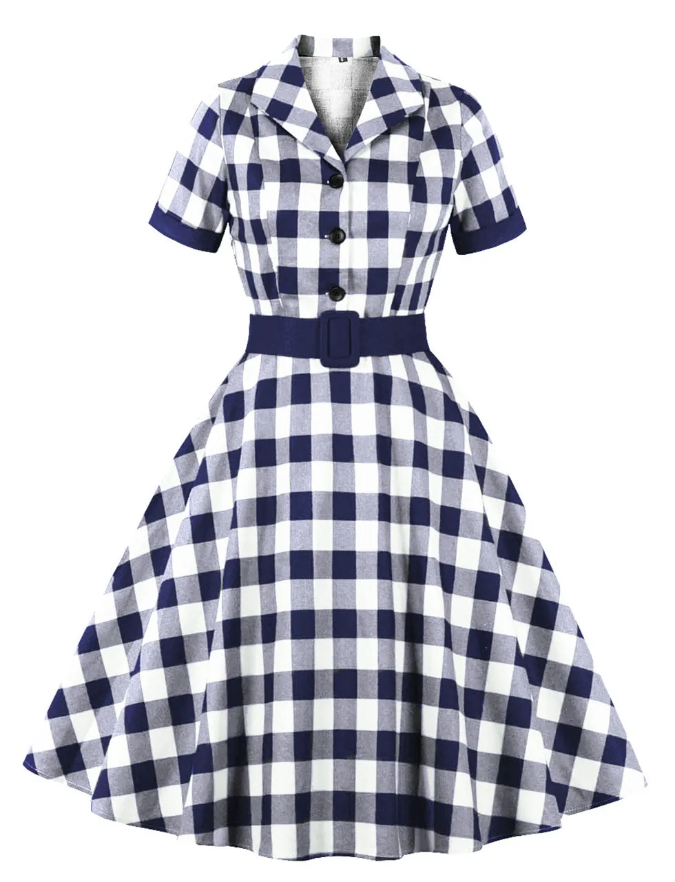 Red Plaid Turn Collar Cotton Vintage 1950S Dress With Belt