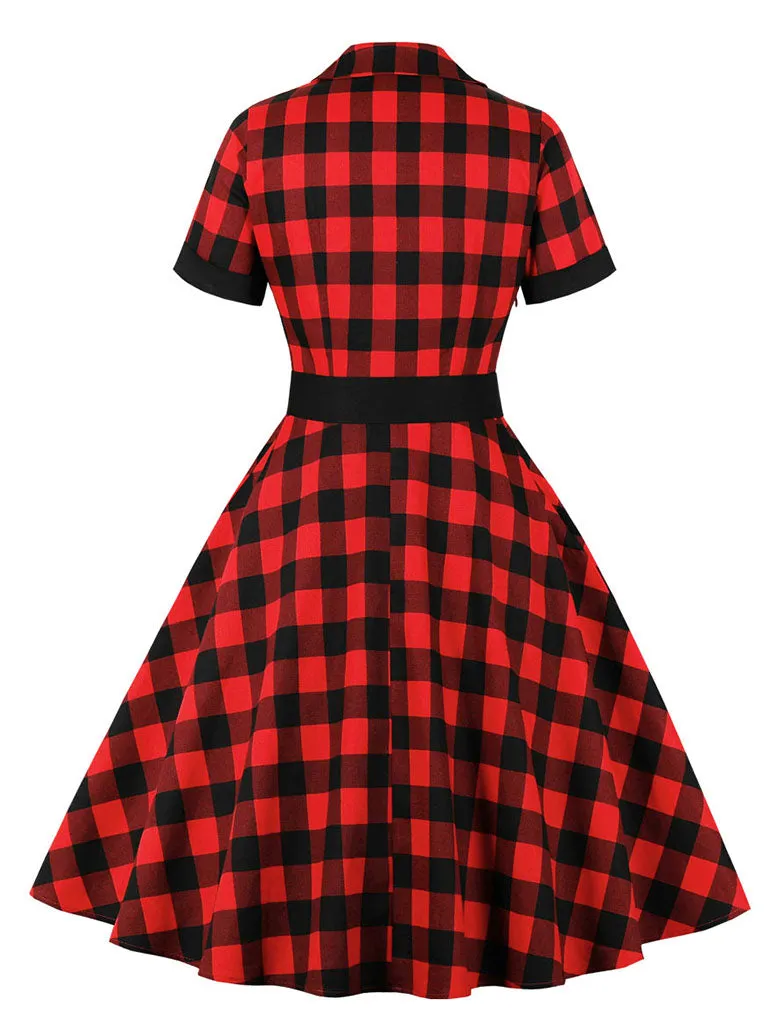 Red Plaid Turn Collar Cotton Vintage 1950S Dress With Belt