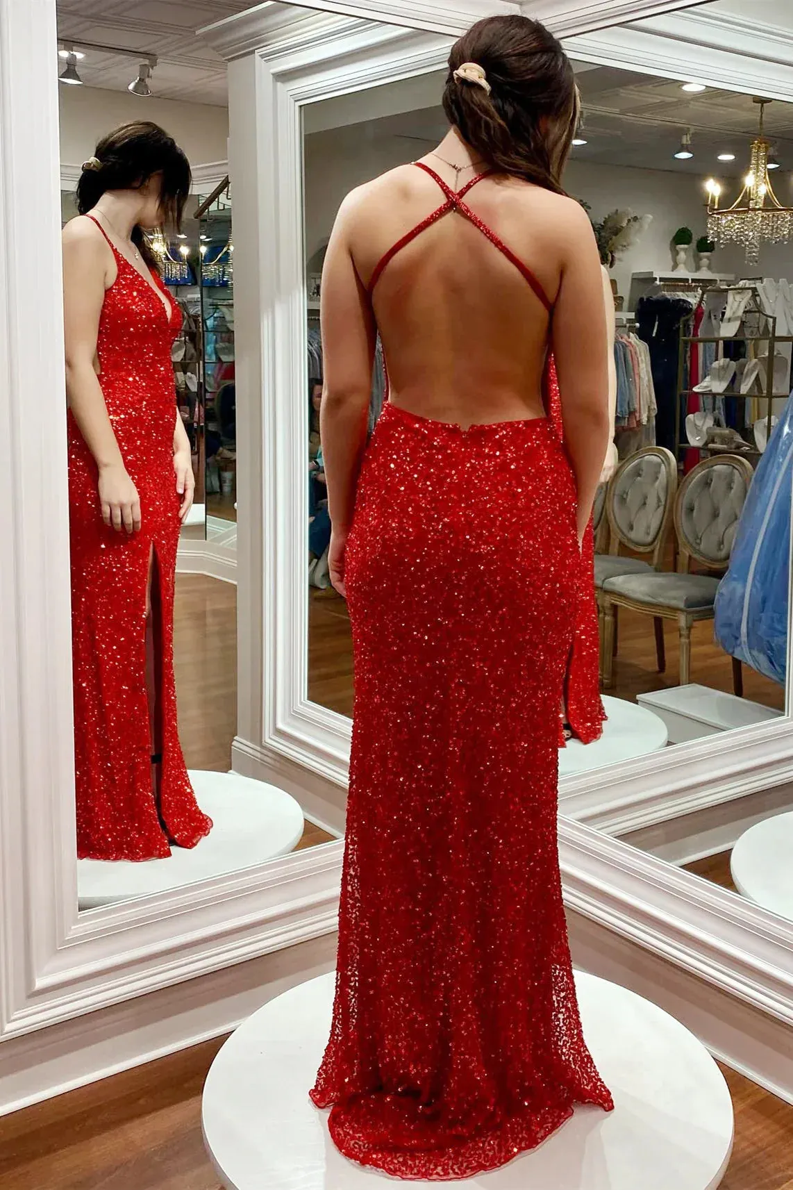Red Sequins Evening Dress UK Criss Cross Back Long Formal Dress