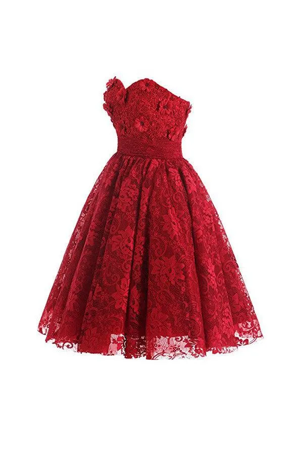 Red Sweetheart Knee Length Homecoming Dress Lace Cocktail Dress TR0016