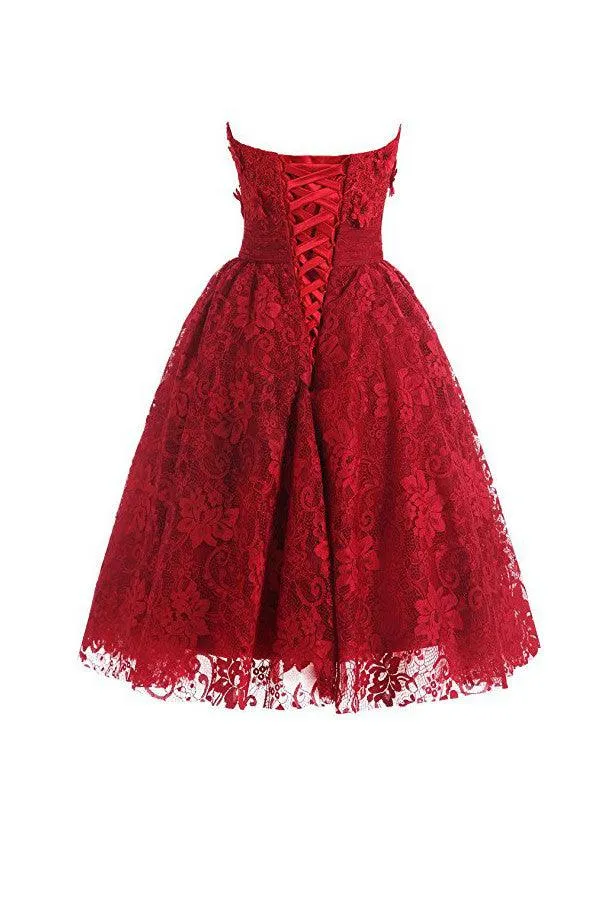 Red Sweetheart Knee Length Homecoming Dress Lace Cocktail Dress TR0016