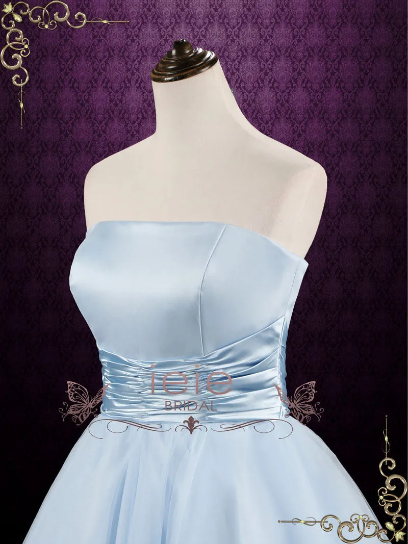Retro Blue 50s Tea Length Strapless Tulle Prom Formal Dress | Emmie