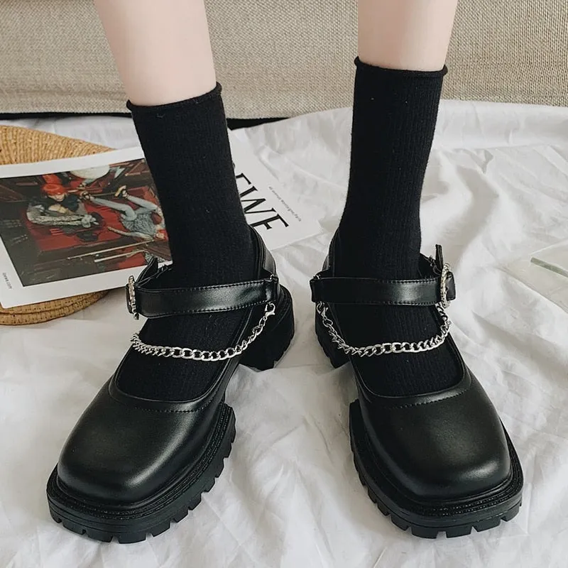 Rimocy Black Pu Leather Metal Chain Chunky Mary Janes Shoes Woman Autumn Square Heels Ankle Strap Platform Pumps Women Punk