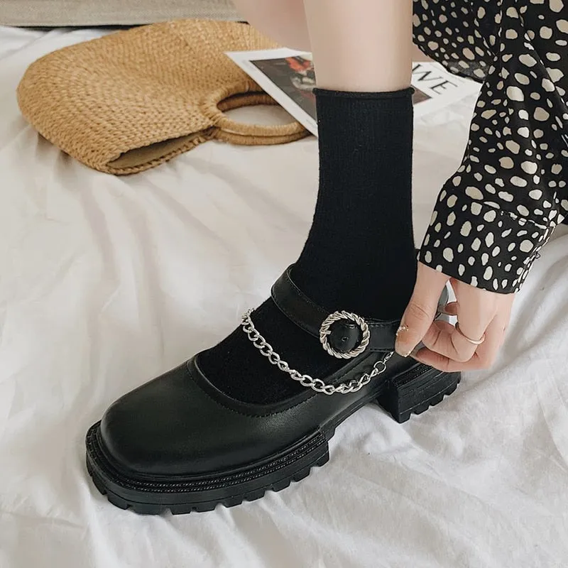 Rimocy Black Pu Leather Metal Chain Chunky Mary Janes Shoes Woman Autumn Square Heels Ankle Strap Platform Pumps Women Punk