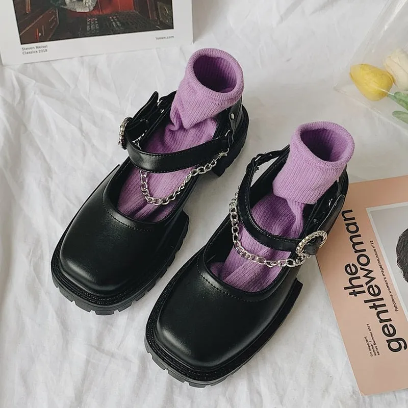 Rimocy Black Pu Leather Metal Chain Chunky Mary Janes Shoes Woman Autumn Square Heels Ankle Strap Platform Pumps Women Punk