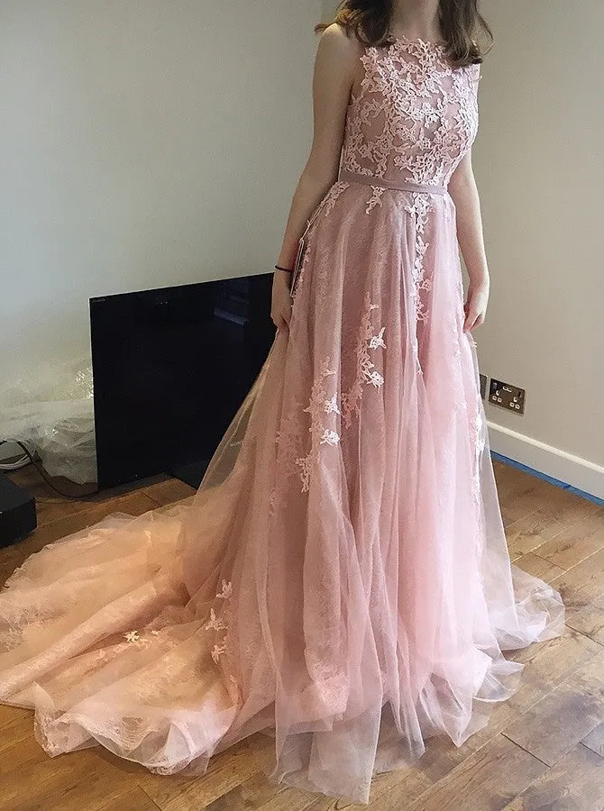 Round Neck Modest V Back Prom Evening Dress Lace Top Tulle Skirt Prom Formal Gowns for Party
