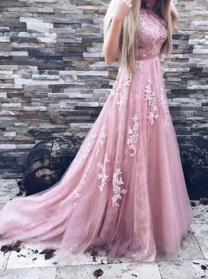 Round Neck Modest V Back Prom Evening Dress Lace Top Tulle Skirt Prom Formal Gowns for Party