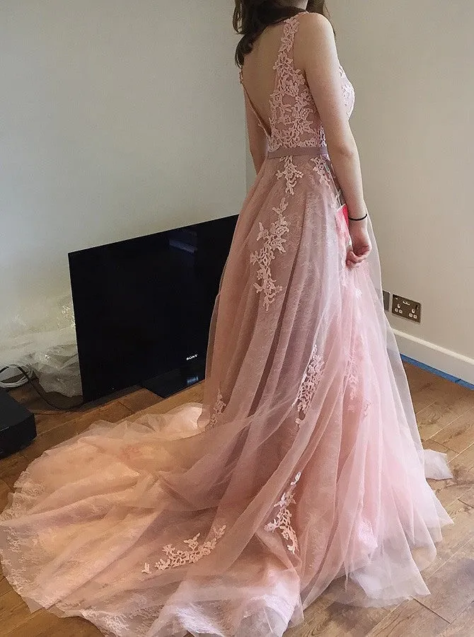 Round Neck Modest V Back Prom Evening Dress Lace Top Tulle Skirt Prom Formal Gowns for Party