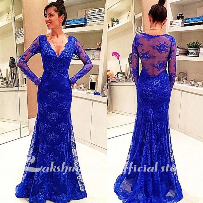 Roycebridal Roycebridal Simple Mother of The Bride Dresses Royal Blue Evening Dresses Long Sleeves Formal Prom Gowns Deep V Neck Sweep Train Mother Dres