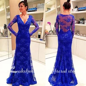 Roycebridal Roycebridal Simple Mother of The Bride Dresses Royal Blue Evening Dresses Long Sleeves Formal Prom Gowns Deep V Neck Sweep Train Mother Dres