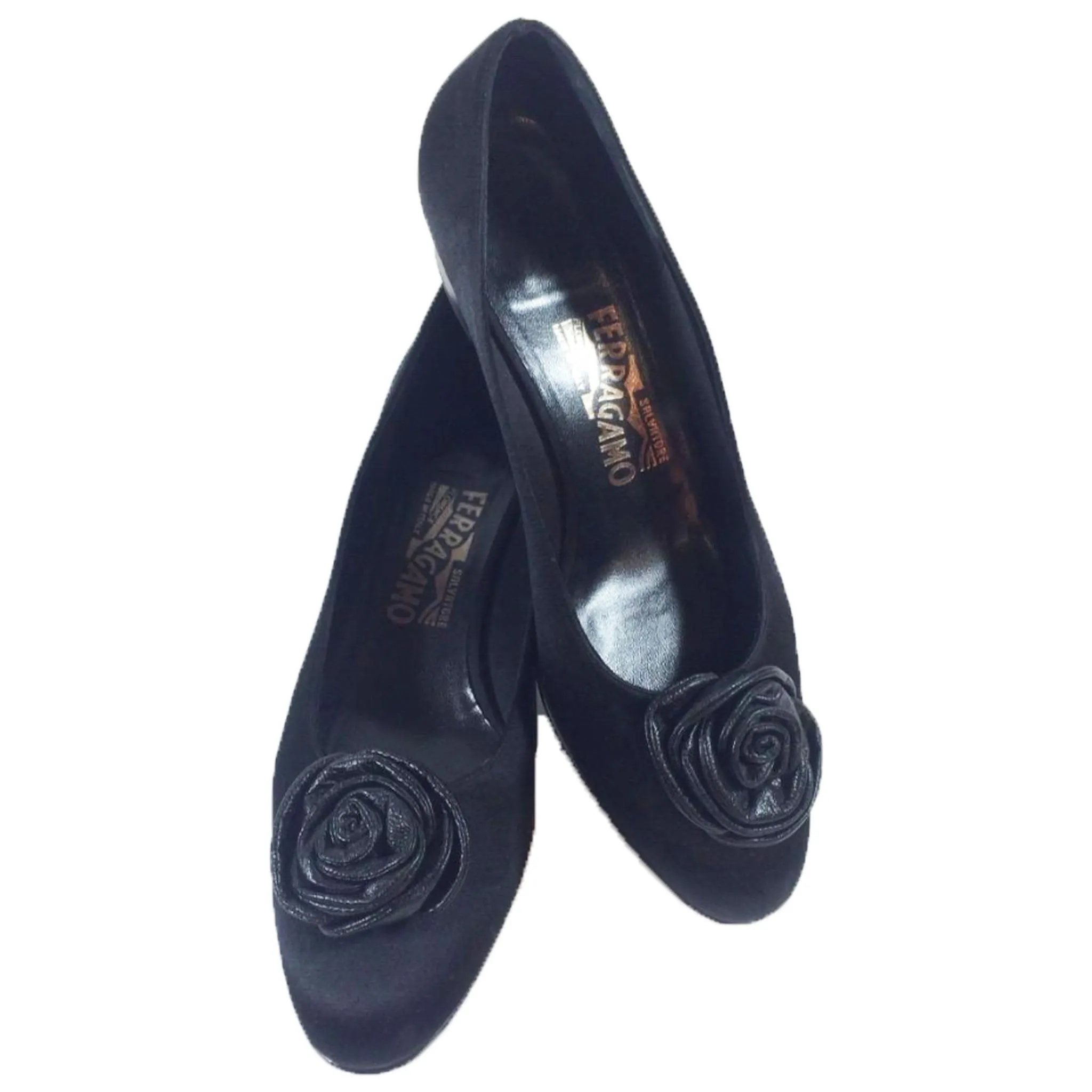 SALVATORE FERRAGAMO Black Satin Low Heel Pump with Leather Rosette Size 7 1/2