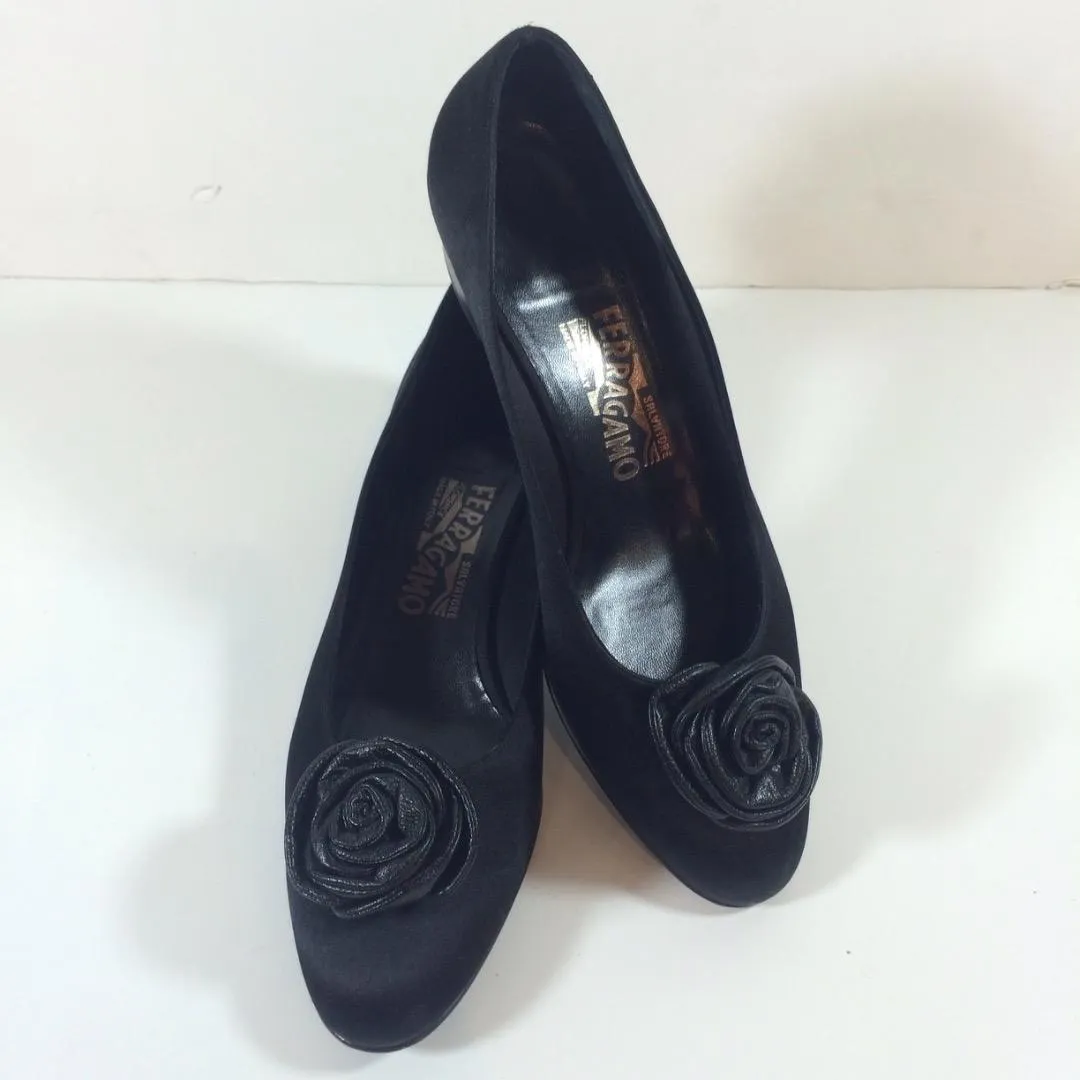 SALVATORE FERRAGAMO Black Satin Low Heel Pump with Leather Rosette Size 7 1/2