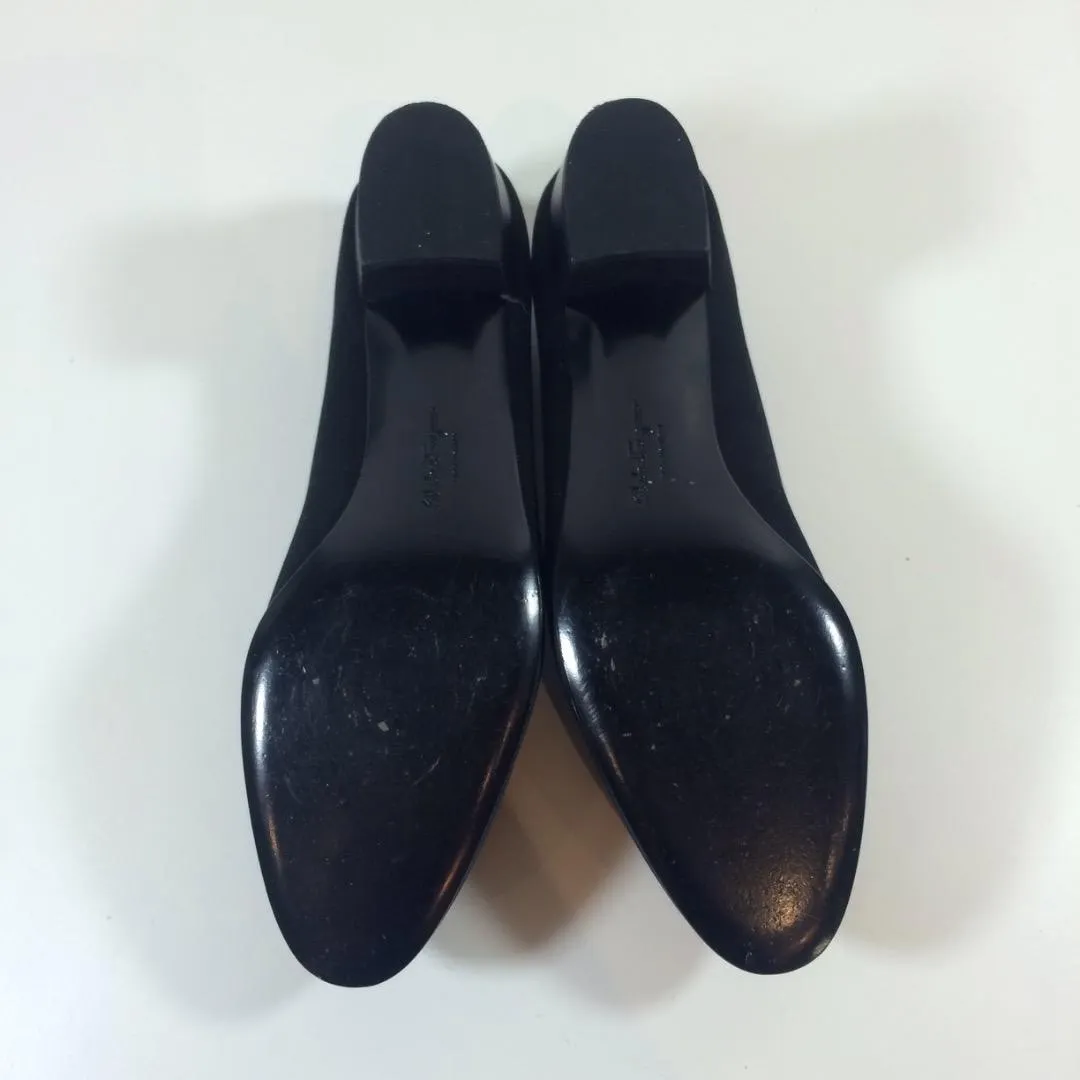 SALVATORE FERRAGAMO Black Satin Low Heel Pump with Leather Rosette Size 7 1/2