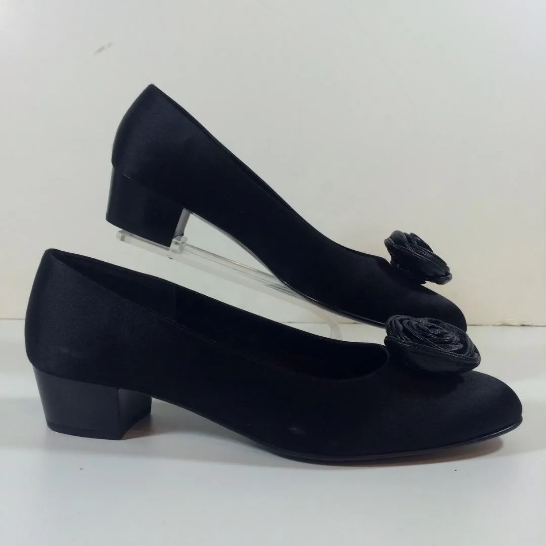 SALVATORE FERRAGAMO Black Satin Low Heel Pump with Leather Rosette Size 7 1/2