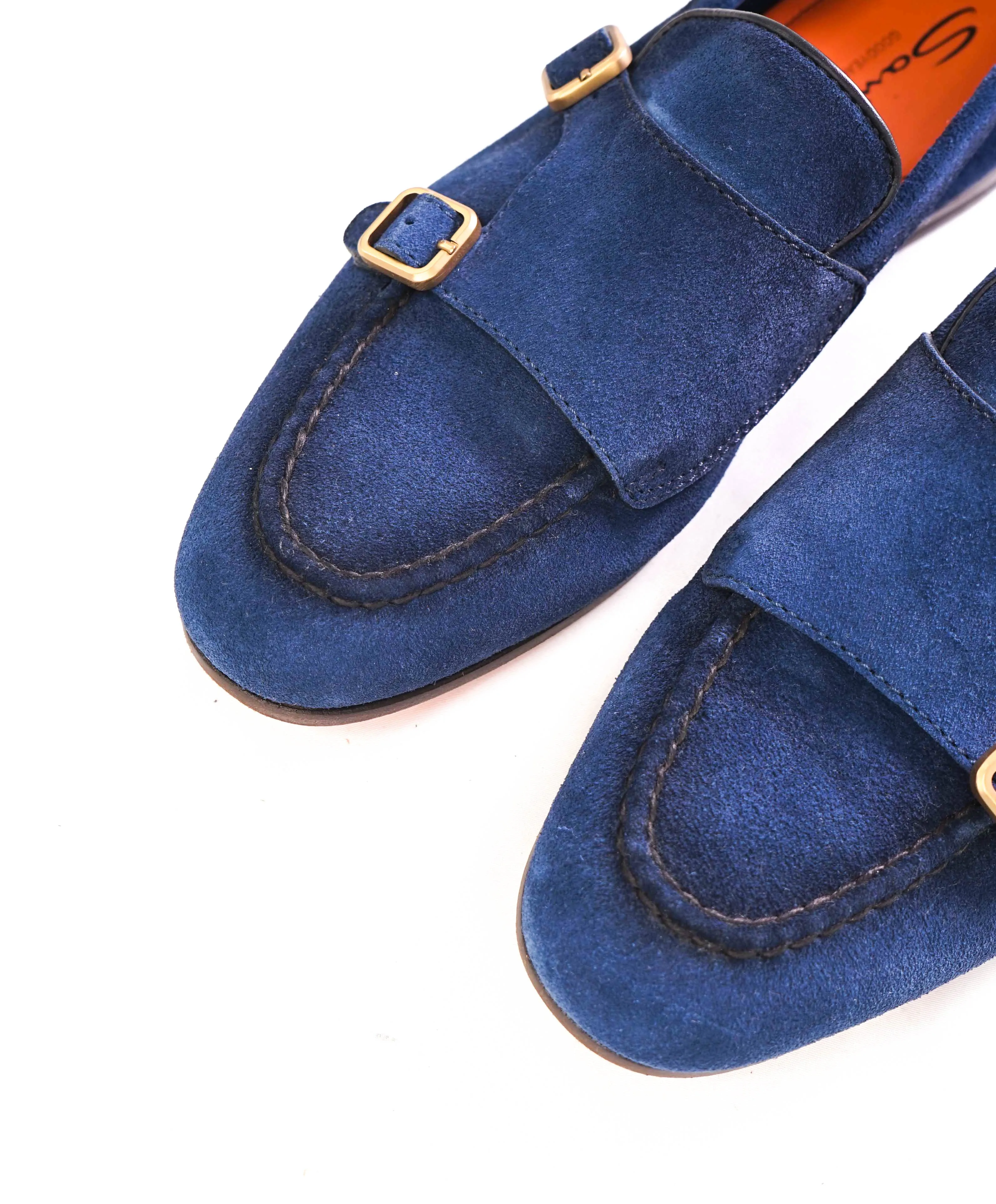 SANTONI - Blue Suede / Gold Monk Strap Venetian Loafers - 8 US (7 IT)