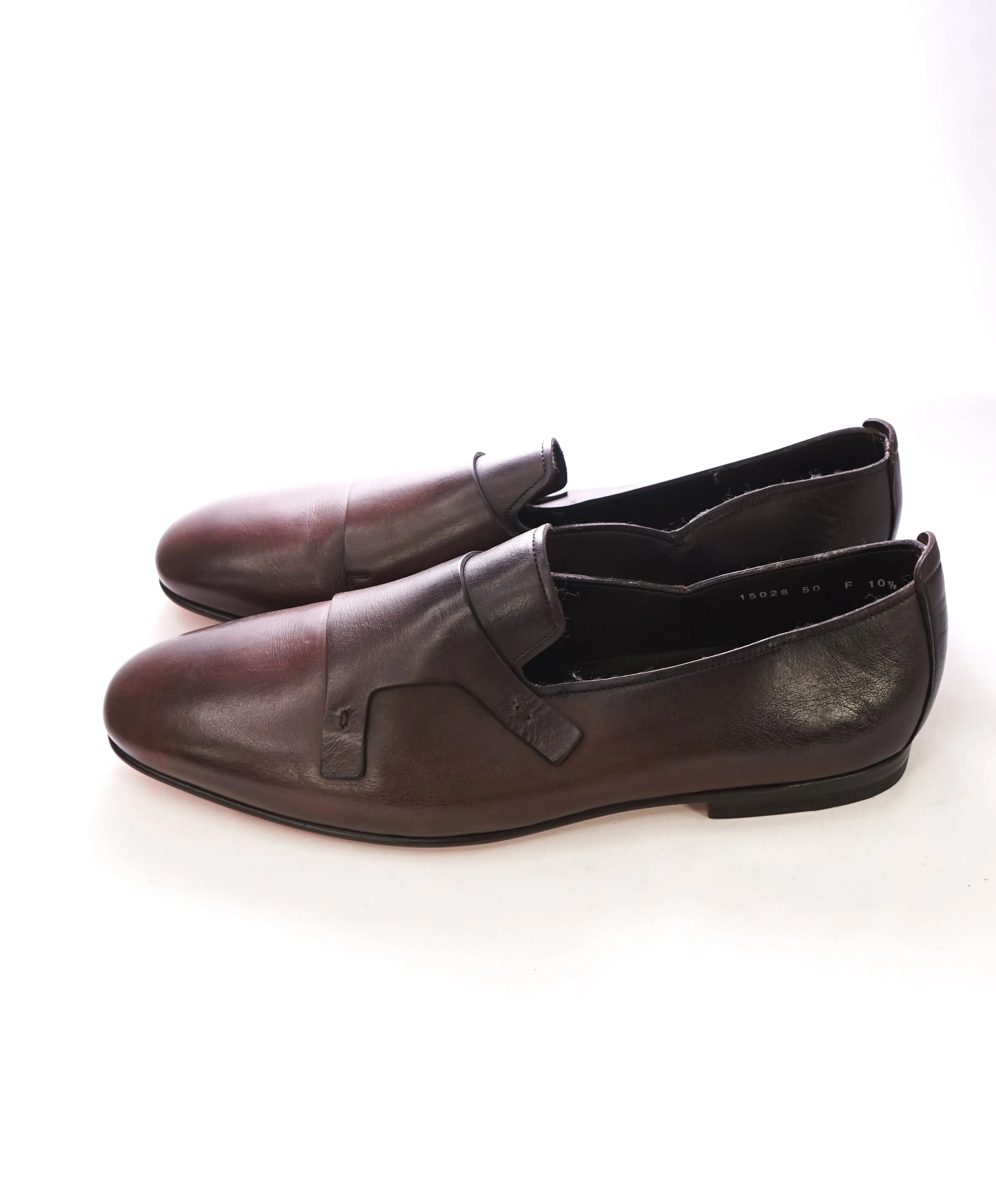 SANTONI - Brown Hand-Antiqued "Mock" Leather Monk Strap Loafers - 11.5