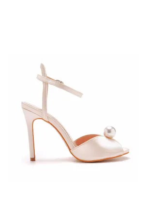 Satin Pearl Peep Toe Stiletto Ankle Strap Buckle Ultra High Heels
