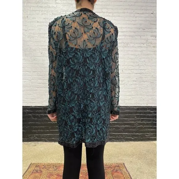 Scala Milan Paris Los Angeles Gold Beaded Sheer Vintage 80s Open Front Jacket