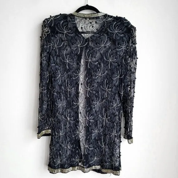 Scala Milan Paris Los Angeles Gold Beaded Sheer Vintage 80s Open Front Jacket