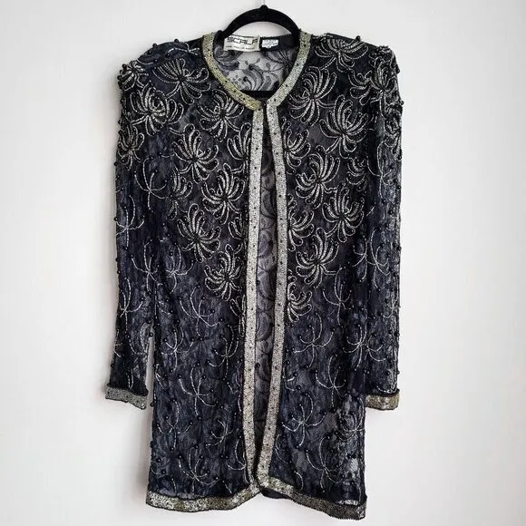 Scala Milan Paris Los Angeles Gold Beaded Sheer Vintage 80s Open Front Jacket