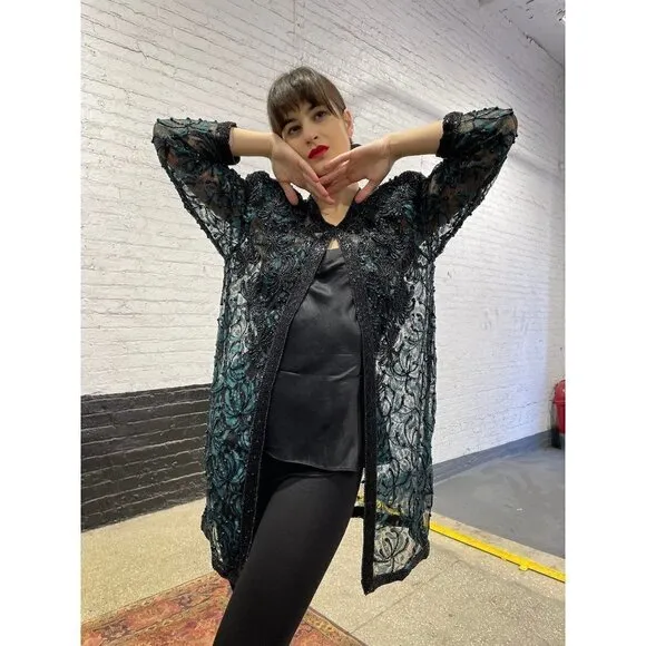 Scala Milan Paris Los Angeles Gold Beaded Sheer Vintage 80s Open Front Jacket