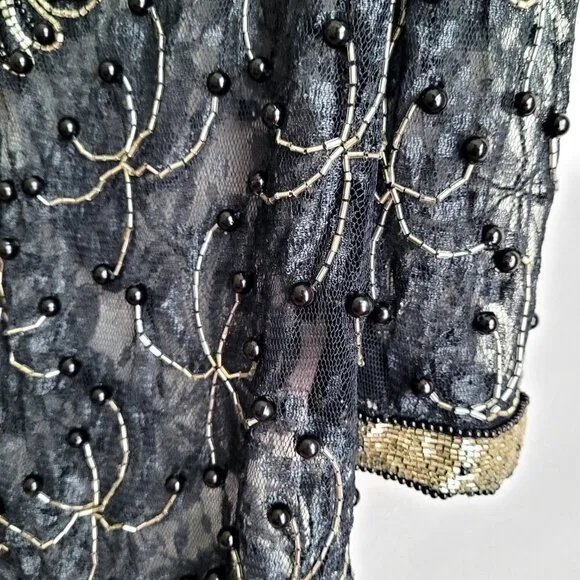 Scala Milan Paris Los Angeles Gold Beaded Sheer Vintage 80s Open Front Jacket