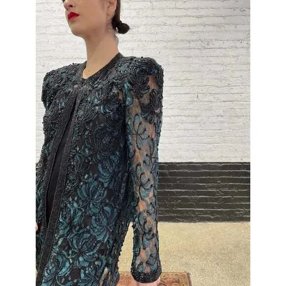 Scala Milan Paris Los Angeles Gold Beaded Sheer Vintage 80s Open Front Jacket