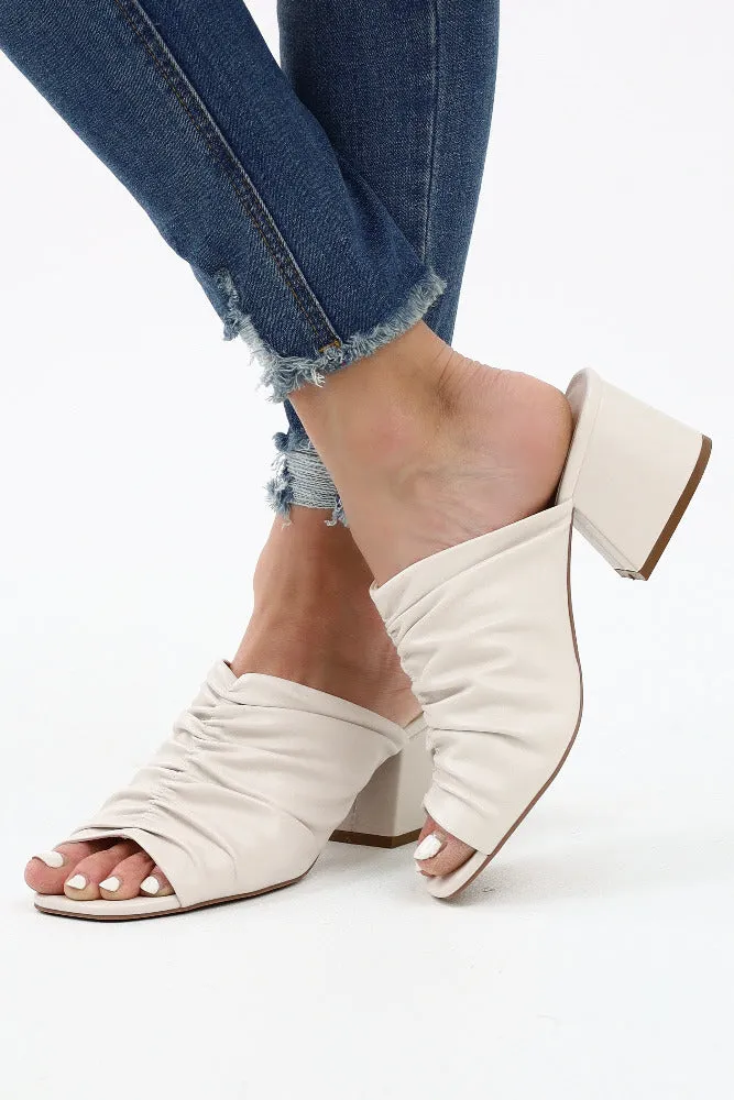 Scrunchy Ruffled Square Toe Heeled Sandals -Off White