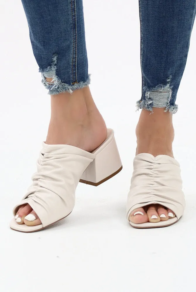 Scrunchy Ruffled Square Toe Heeled Sandals -Off White
