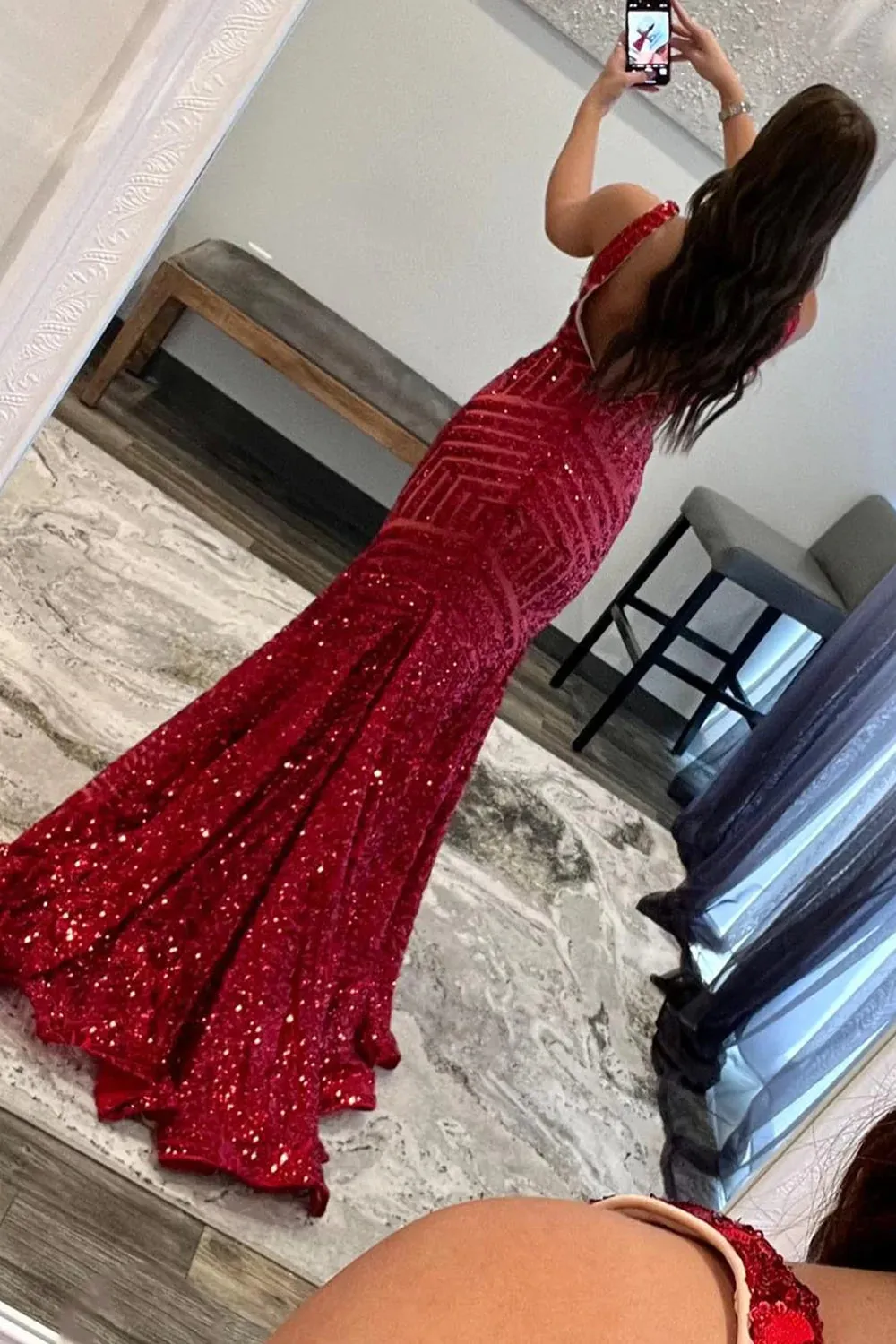 Sequin Prom Dresses Red 2024 Deep V Neck Mermaid Formal Dresses Long UK