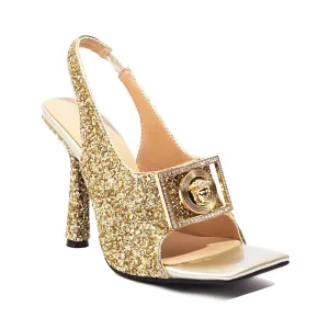 Sequined Square Toe Peep Toe Stiletto Heel Sandals