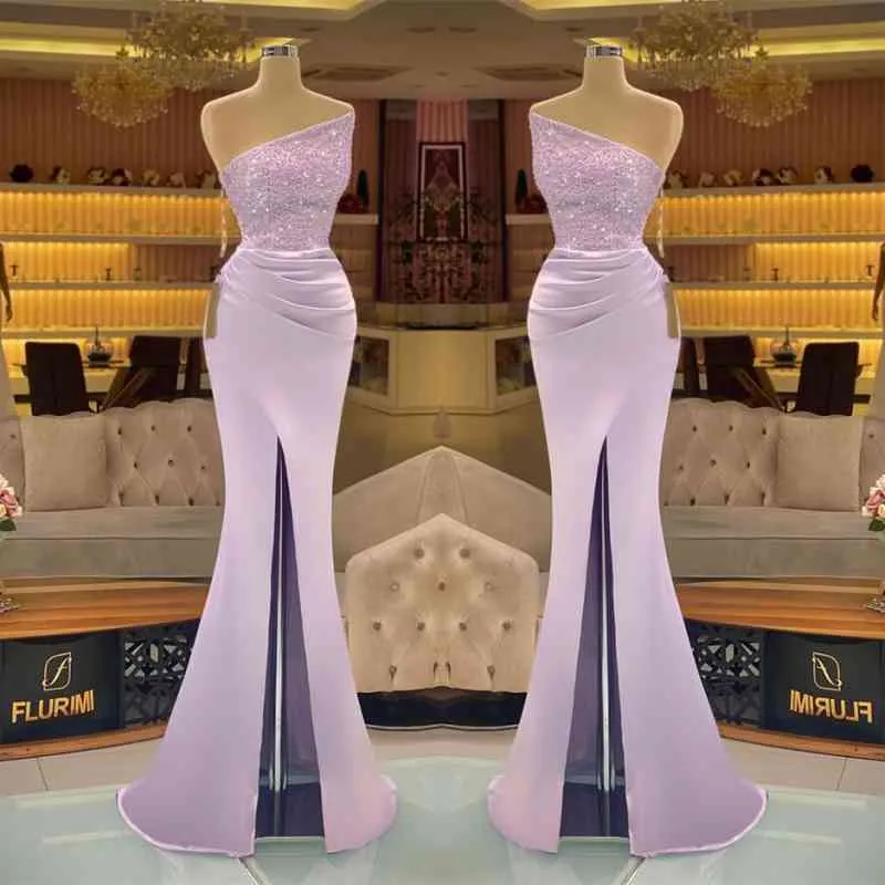 Sequins Formal Dresses Light Purple Mermaid Prom Dress Long Slit Strapless