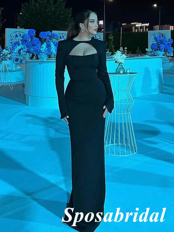 Sexy Black Jersey Long Sleeves Mermaid Long Prom Dresses, PD3802