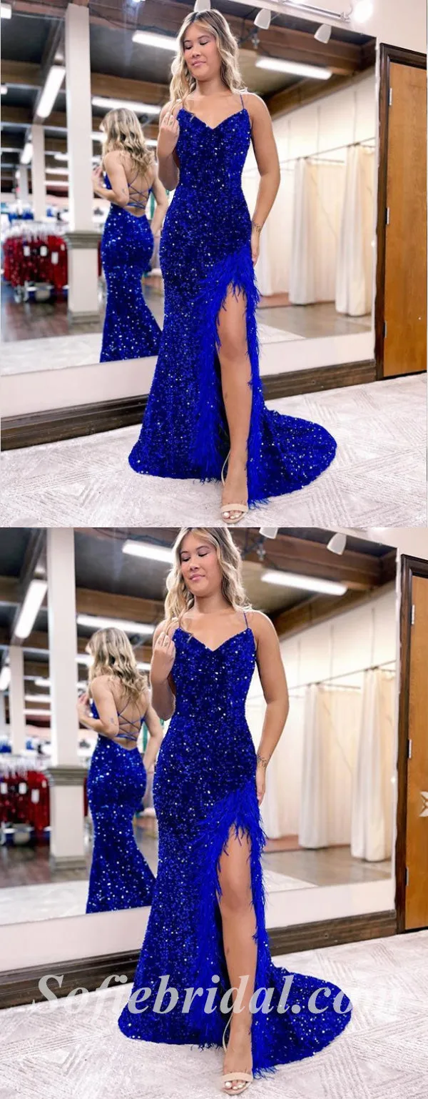 Sexy Charming Royal Blue Sequin Spaghetti Straps V-Neck Sleeveless Side Slit Mermaid Long Prom Dresses With Feather,SFPD0532