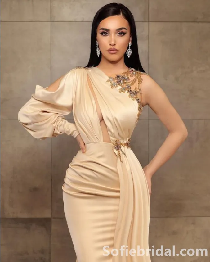 Sexy One-Shoulder Charmeuse Mermaid Prom Dress with Beadings,SFPD0206