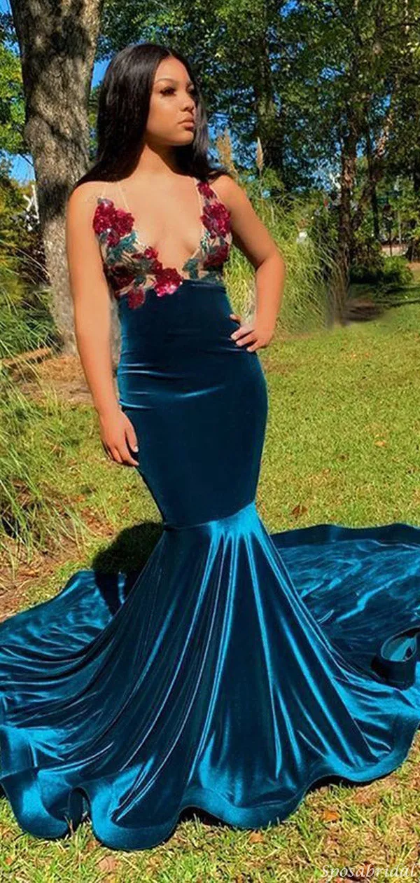 Sexy Royal Sea Blue Velvet Flower Mermaid Long Prom Dress, PD3126