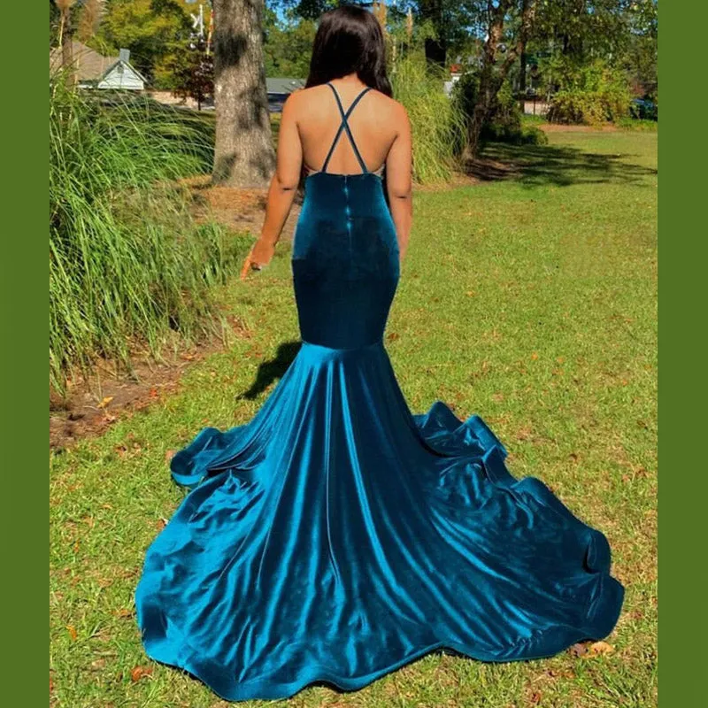 Sexy Royal Sea Blue Velvet Flower Mermaid Long Prom Dress, PD3126