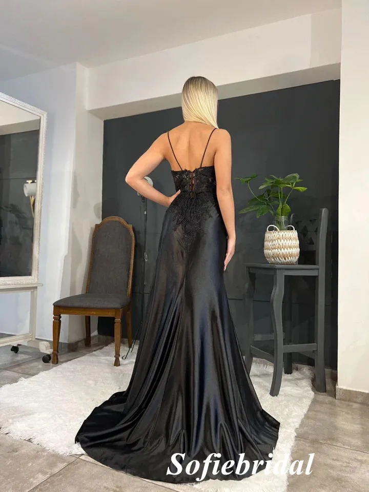 Sexy Satin And Lace Spaghetti Straps V-Neck Sleeveless Side Slit Mermaid Long Prom Dresses, PD0909