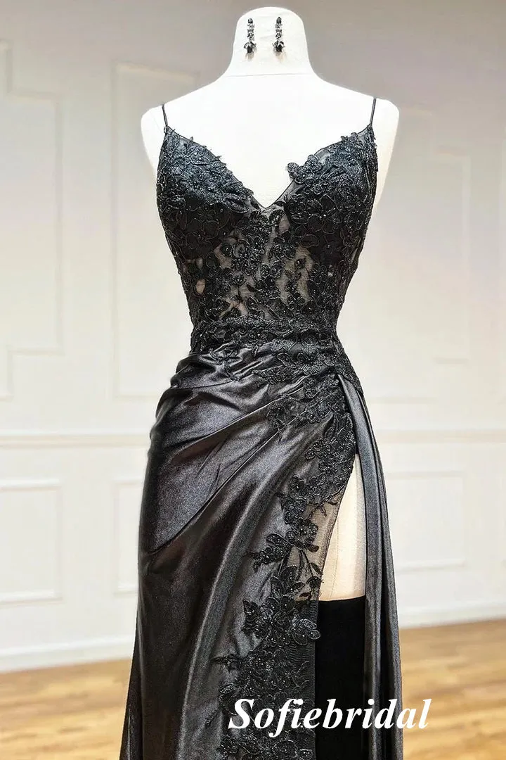 Sexy Satin And Lace Spaghetti Straps V-Neck Sleeveless Side Slit Mermaid Long Prom Dresses, PD0909