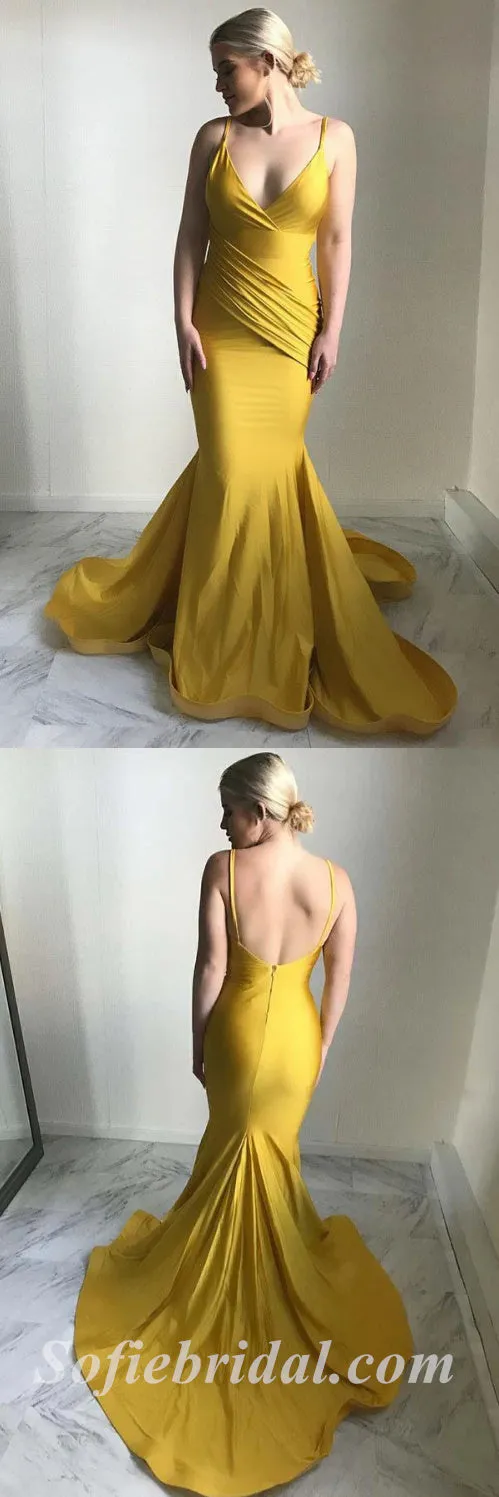 Sexy Satin Spaghetti Straps V-Neck Sleeveless Backless Mermaid Long Prom Dresses,SFPD0554