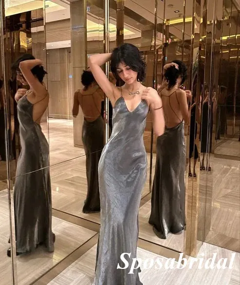 Sexy Silver Elastic Satin Spaghetti Straps Sleeveless Open Back Mermaid Long Prom Dresses, PD3869
