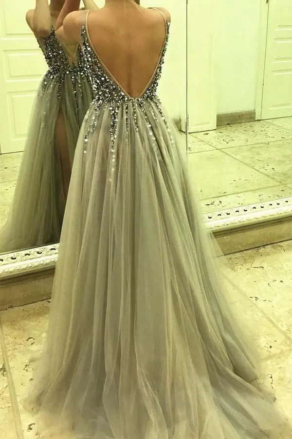 Sexy Split Sleeveless Tulle Evening Dress Long Beading Prom Dresses TP0838