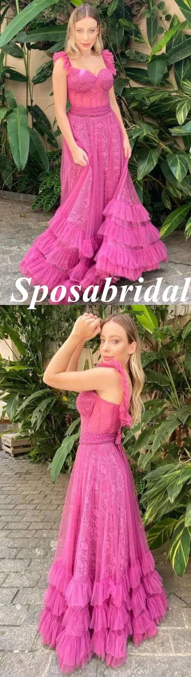 Sexy Tulle And Lace Spaghetti Straps Sleeveless A-Line Long Prom Dresses, PD3915