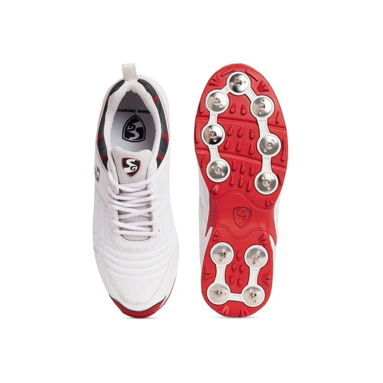 SG Savage Spikes Cricket Shoes Colour White Red Gray Size