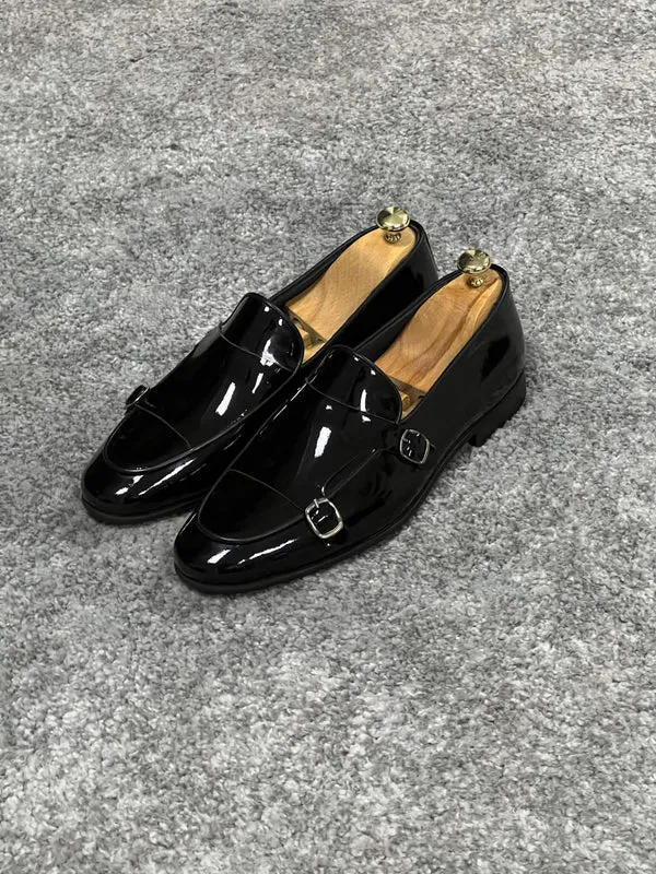 Shiny Patent Leather Black Monk Strap Loafers-Loafers Shoes