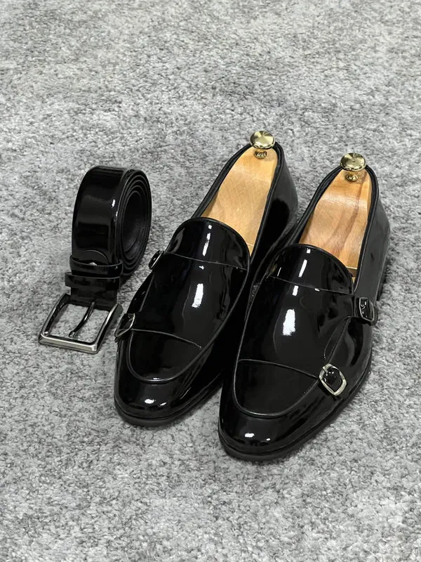 Shiny Patent Leather Black Monk Strap Loafers-Loafers Shoes